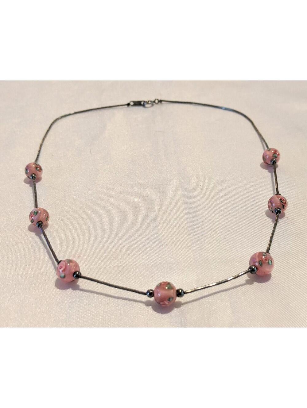 Vintage Pink Czech Lampwork Glass Beaded Necklace 925 Sterling Silver 17"